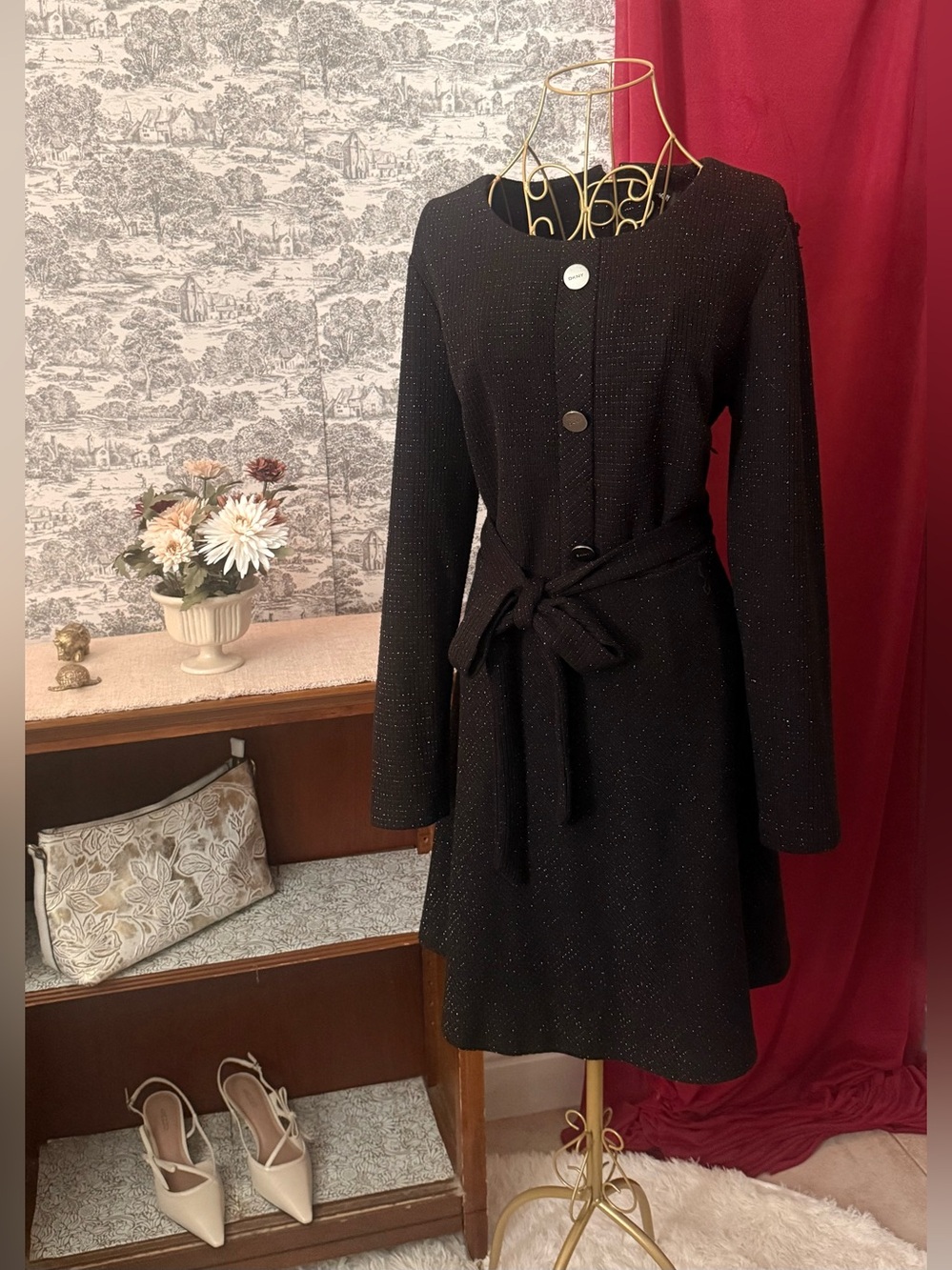 DKNY Black Textured Belted Dress Size 14